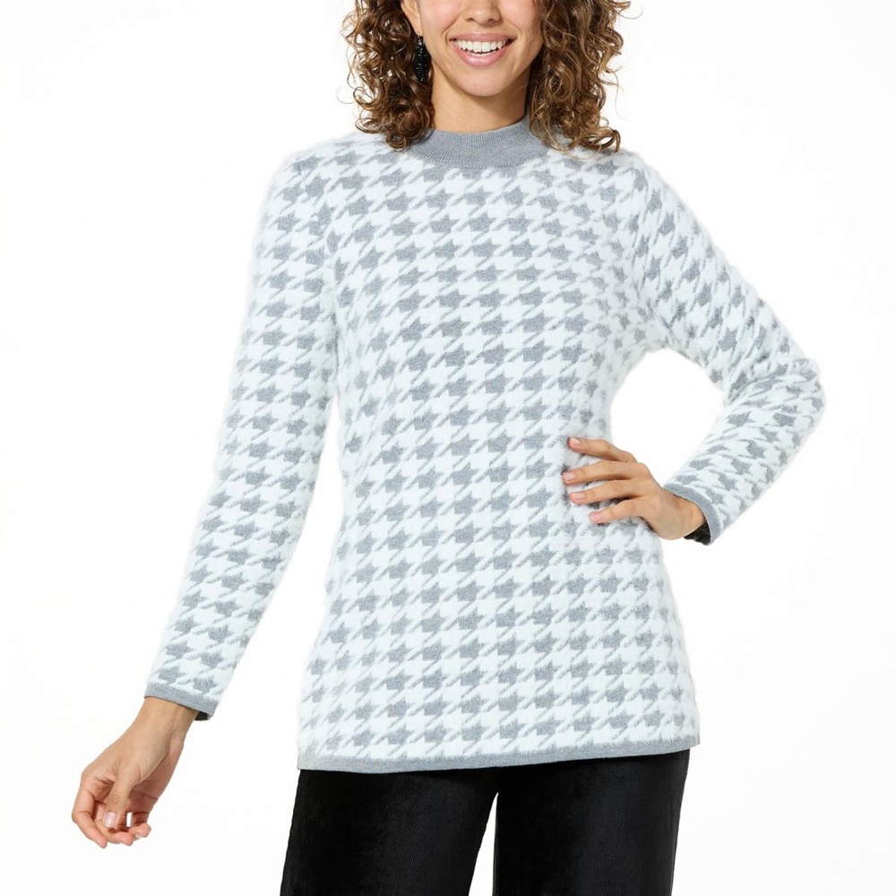 Nina Leonard Fuzzy Houndstooth Sweater Large